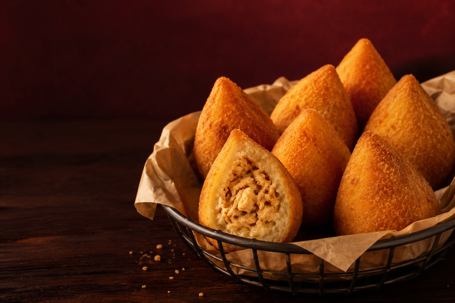 Coxinhas artesanais douradas em uma cesta